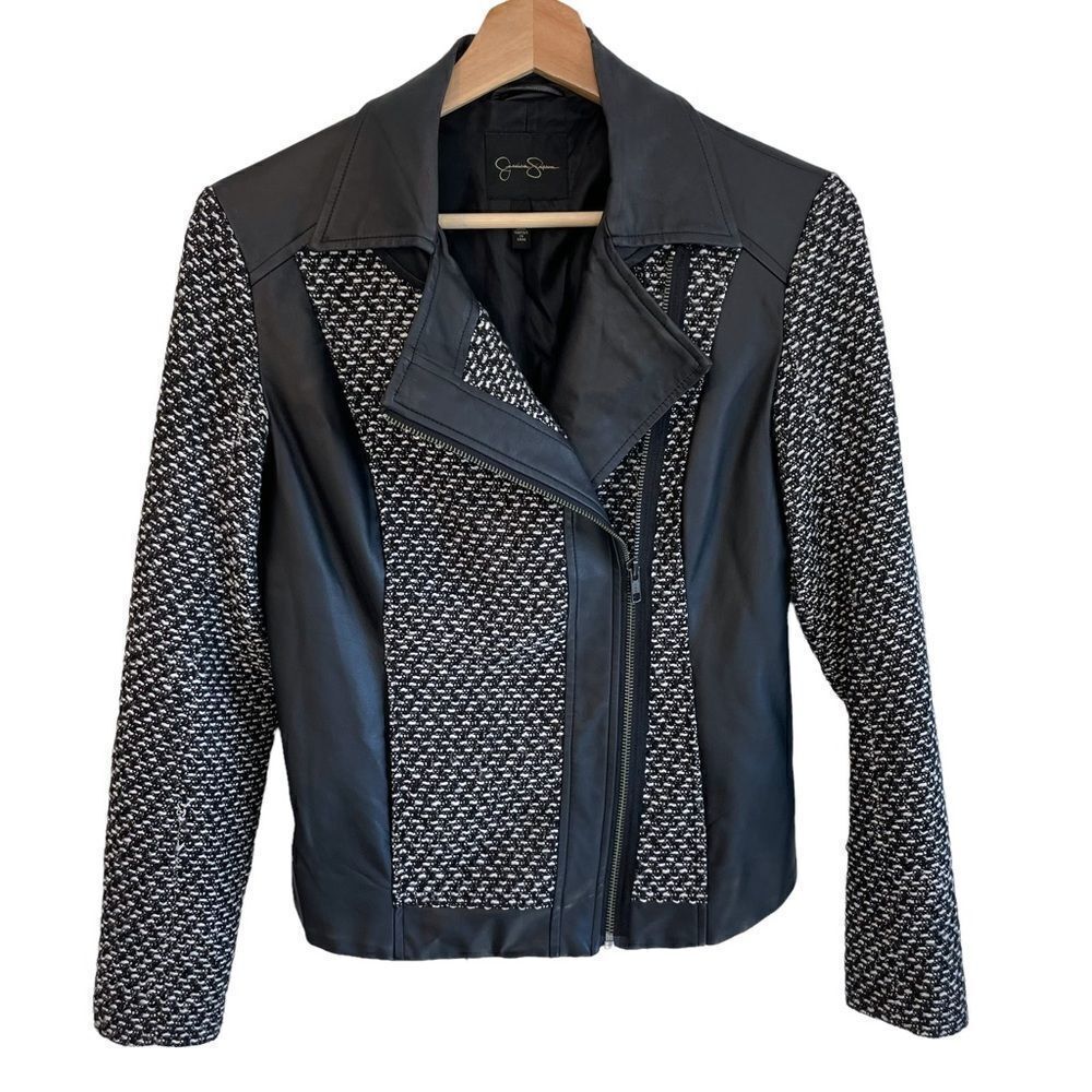 Jessica Simpson Wool Blend Tweed Vegan Leather Jacket